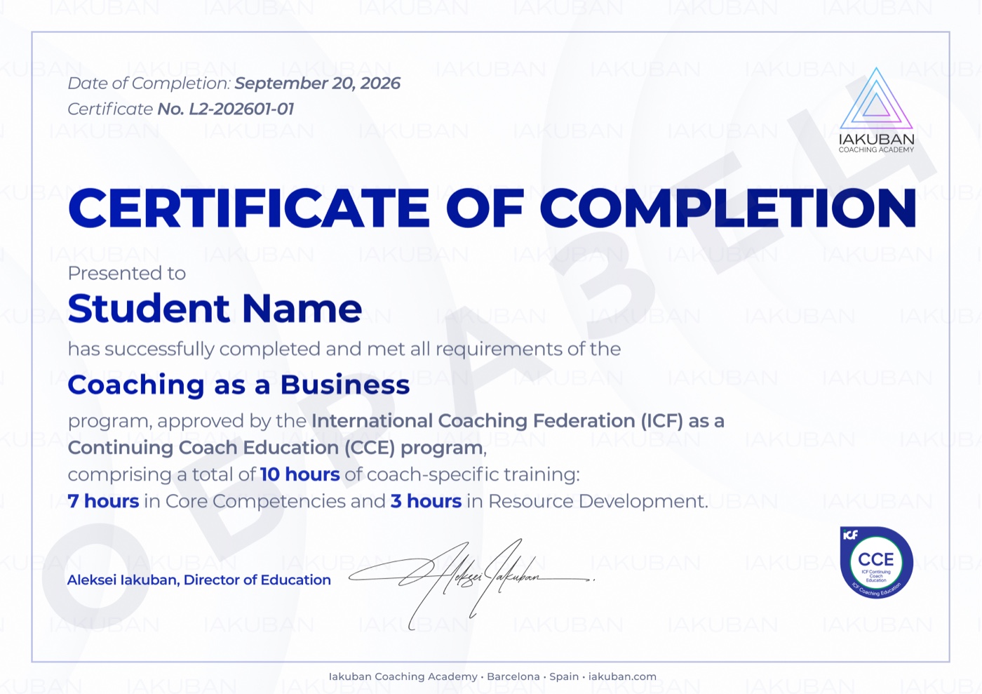 Сертификат CCE ICF программы Coaching as a Business